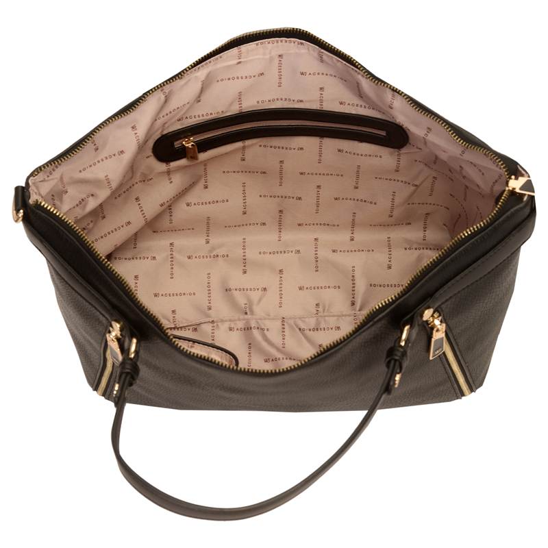 Interior da bolsa tote feminina preta WJ com forro em poliéster e bolso com zíper